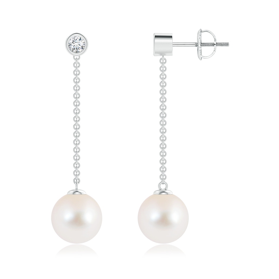 9mm AAA Freshwater Cultured Pearl Long Drop Earrings with Diamond in 10K White Gold 