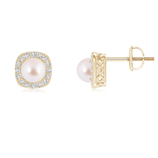 5mm AAA Classic Japanese Akoya Pearl Studs with Diamond Halo in Yellow Gold