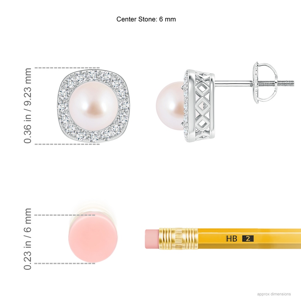 6mm AAA Classic Japanese Akoya Pearl Studs with Diamond Halo in White Gold Ruler
