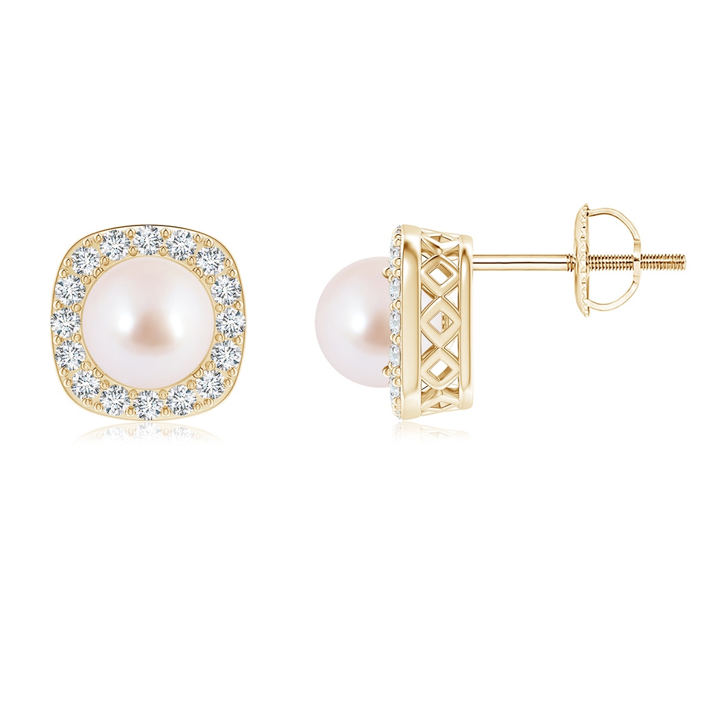 6mm AAA Classic Japanese Akoya Pearl Studs with Diamond Halo in Yellow Gold