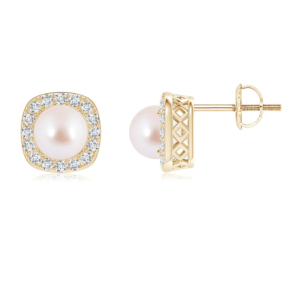 6mm AAA Classic Japanese Akoya Pearl Studs with Diamond Halo in Yellow Gold 