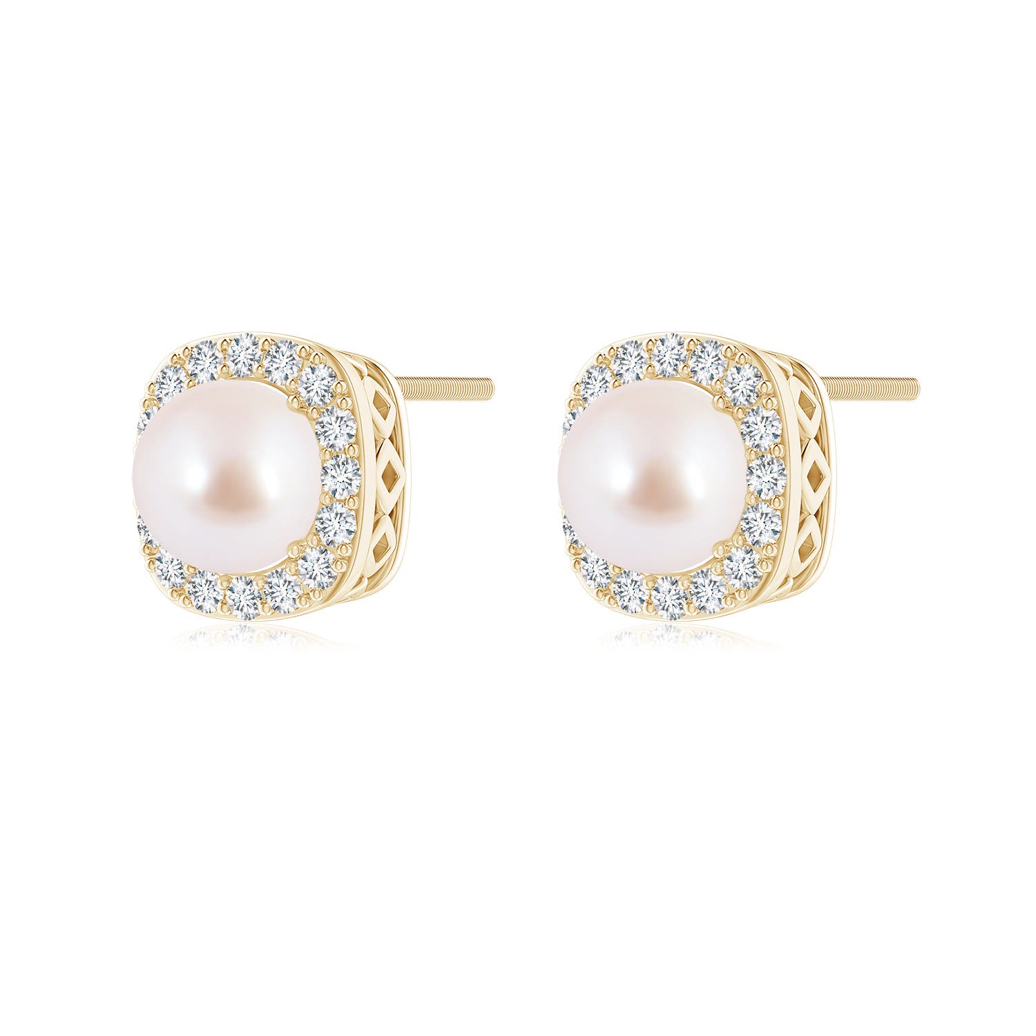 6mm AAA Classic Japanese Akoya Pearl Studs with Diamond Halo in Yellow Gold - side 2