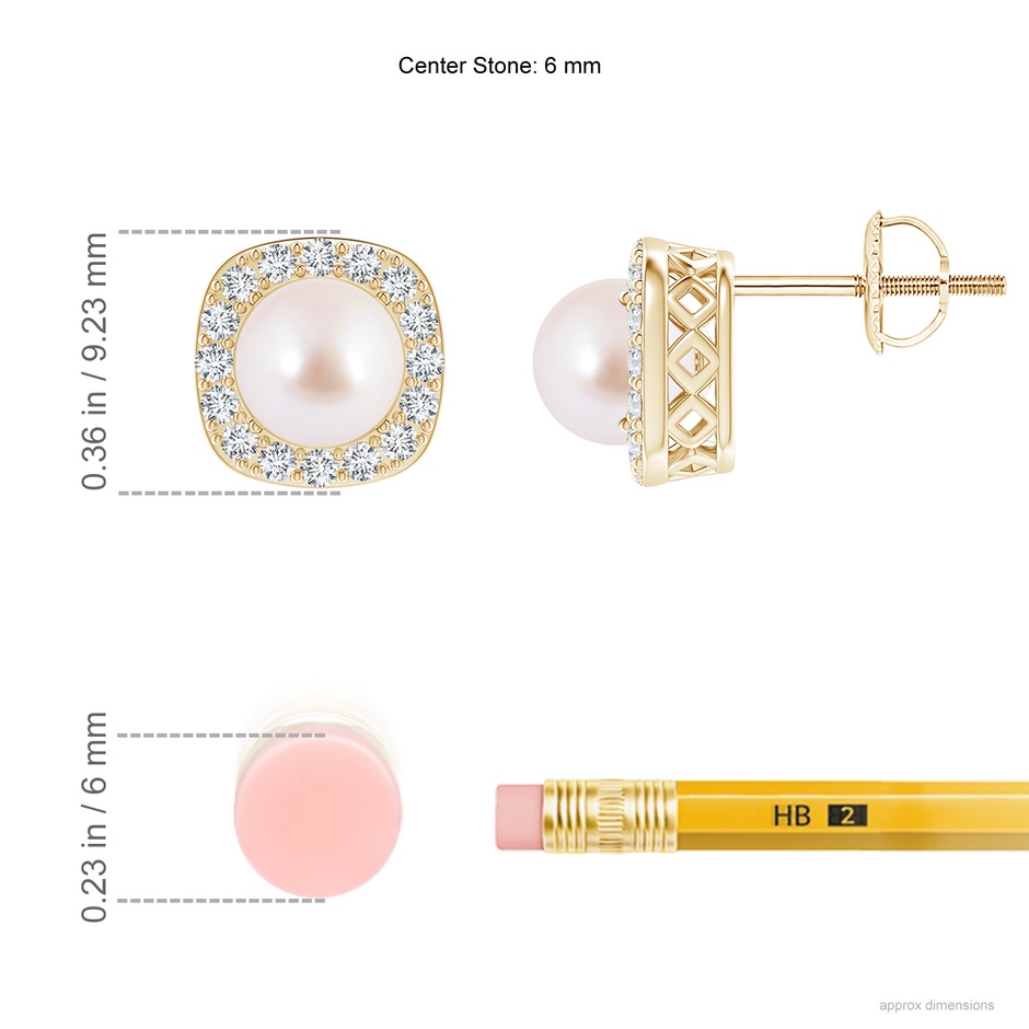 6mm AAA Classic Japanese Akoya Pearl Studs with Diamond Halo in Yellow Gold ruler