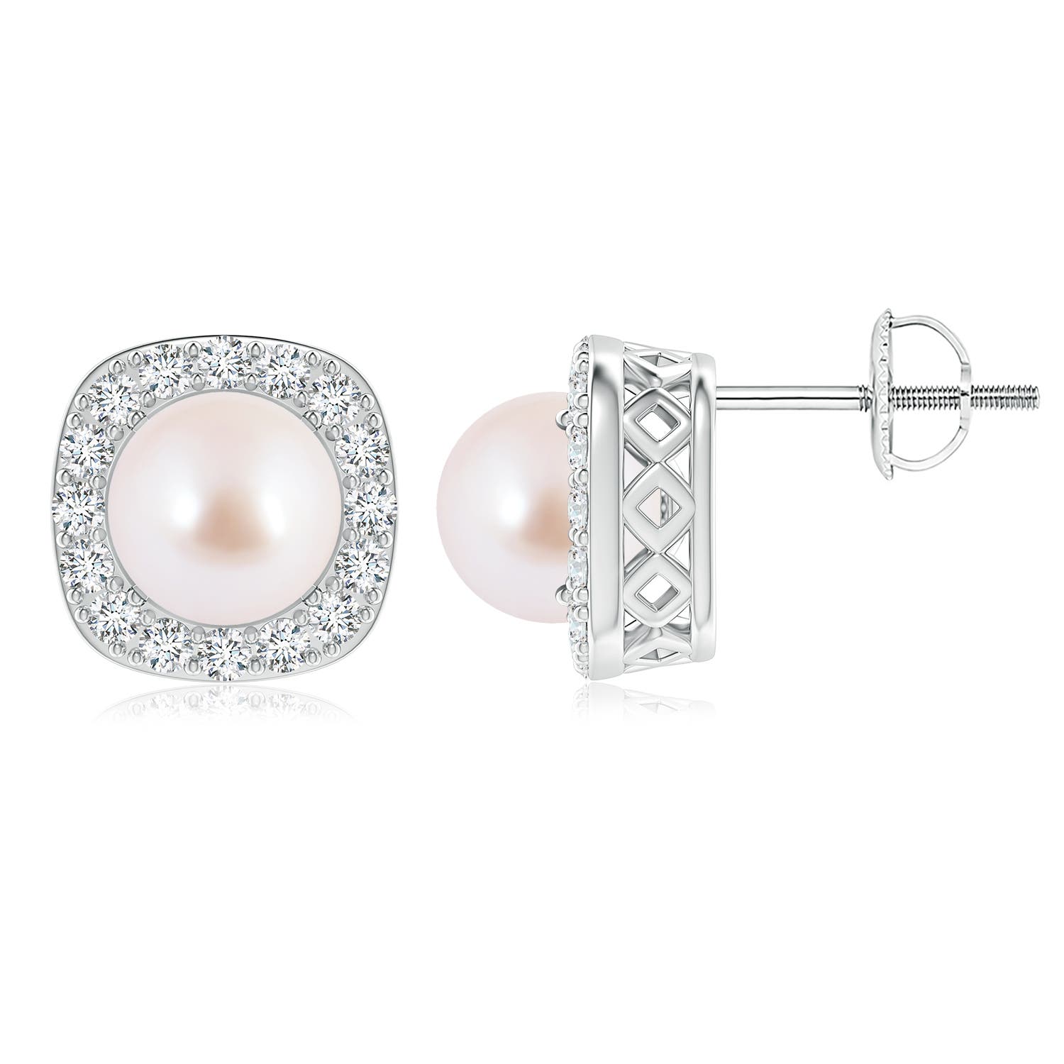 7mm AAA Classic Japanese Akoya Pearl Studs with Diamond Halo in White Gold