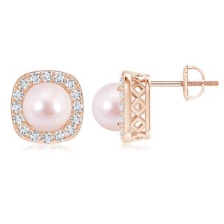 7mm AAAA Classic Japanese Akoya Pearl Studs with Diamond Halo in Rose Gold