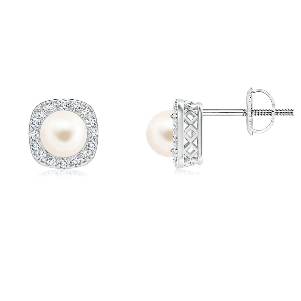 5mm AAA Classic Freshwater Pearl Studs with Diamond Halo in 18K White Gold