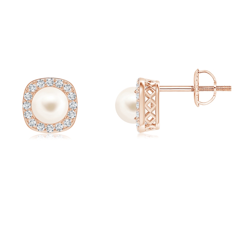 5mm AAA Classic Freshwater Pearl Studs with Diamond Halo in Rose Gold 