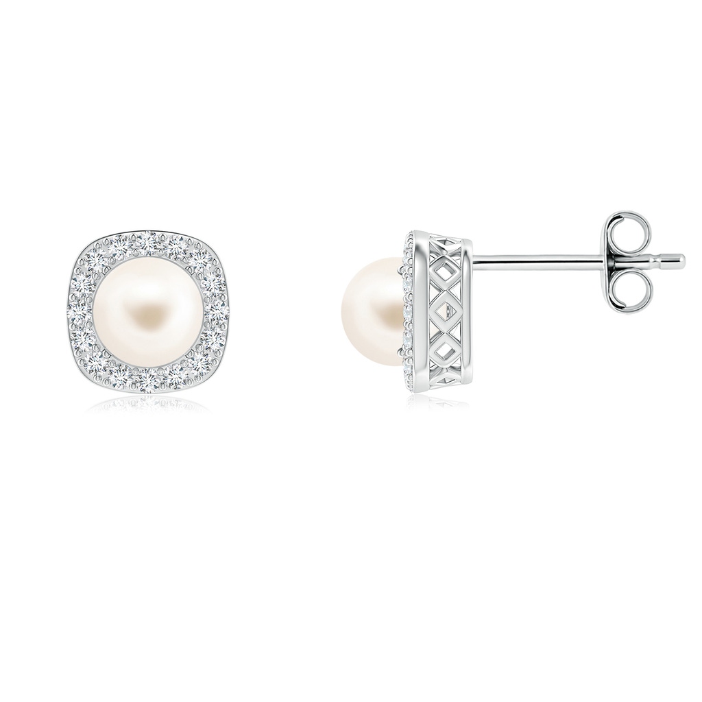 5mm AAA Classic Freshwater Pearl Studs with Diamond Halo in S999 Silver