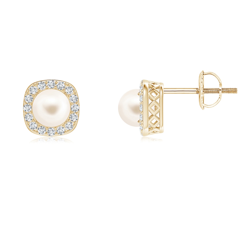 5mm AAA Classic Freshwater Pearl Studs with Diamond Halo in Yellow Gold
