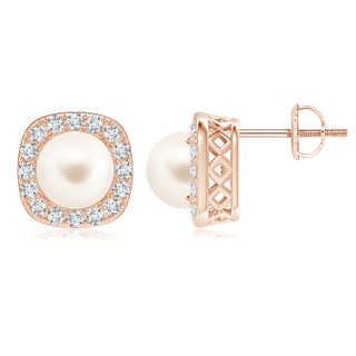 7mm AAA Classic Freshwater Pearl Studs with Diamond Halo in 18K Rose Gold