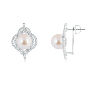 8mm AAA Akoya Cultured Pearl Omega Back Double Halo Earrings in White Gold