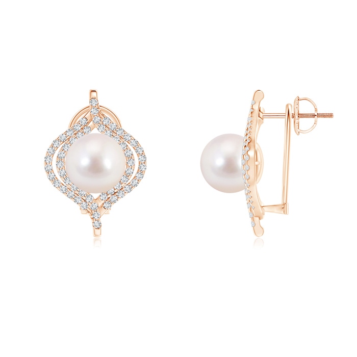 8mm AAAA Akoya Cultured Pearl Omega Back Double Halo Earrings in Rose Gold