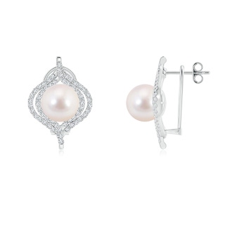 8mm AAAA Akoya Cultured Pearl Omega Back Double Halo Earrings in S999 Silver