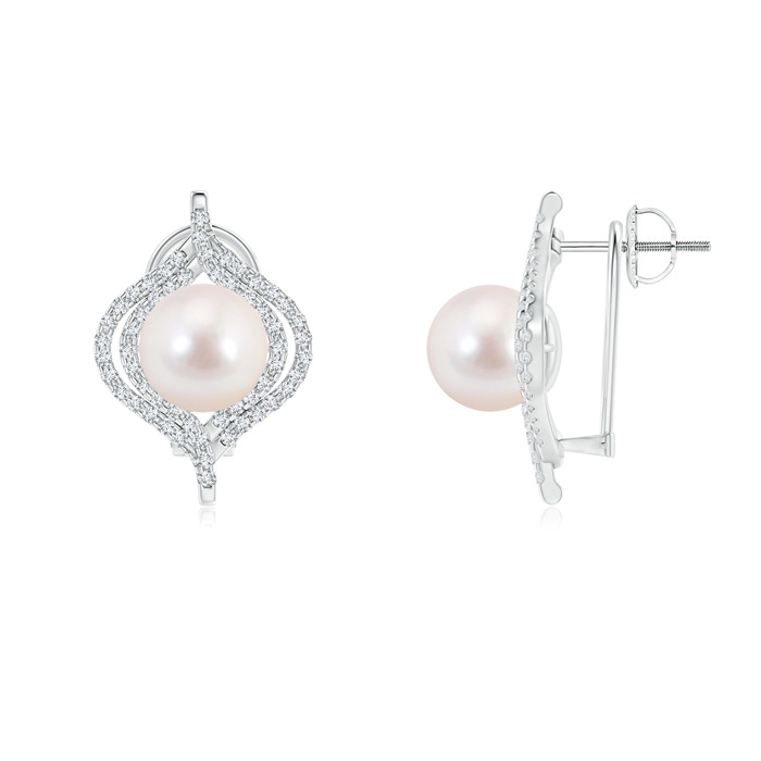 8mm AAAA Akoya Cultured Pearl Omega Back Double Halo Earrings in White Gold