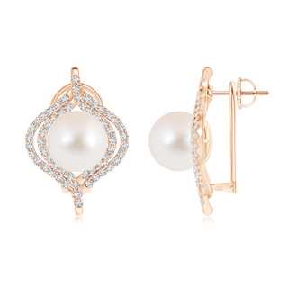10mm AAA Freshwater Cultured Pearl Omega Back Double Halo Earrings in Rose Gold