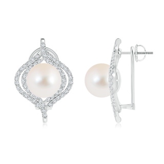 10mm AAA Freshwater Cultured Pearl Omega Back Double Halo Earrings in White Gold