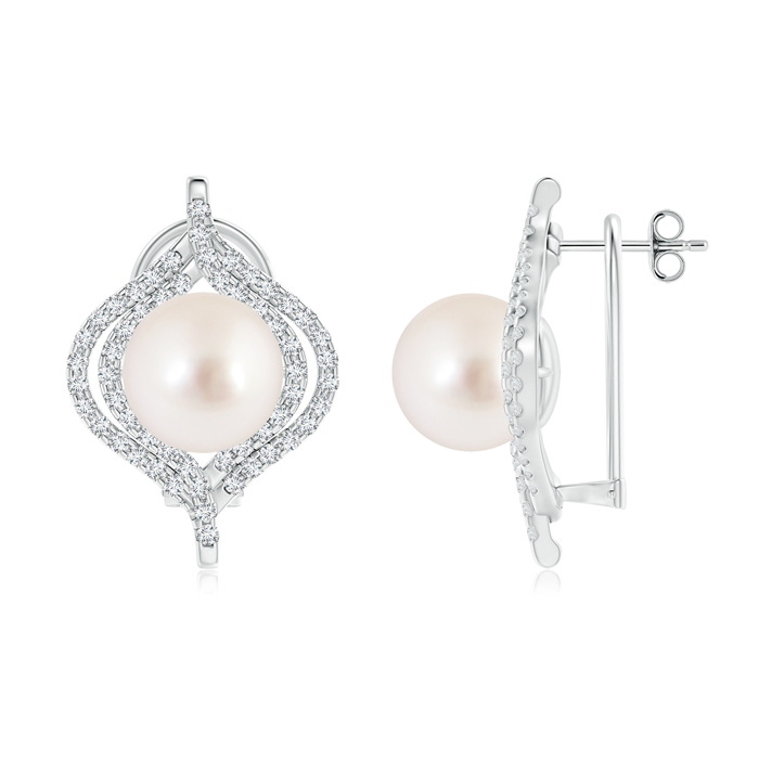 10mm AAAA South Sea Cultured Pearl Omega Back Double Halo Earrings in S999 Silver