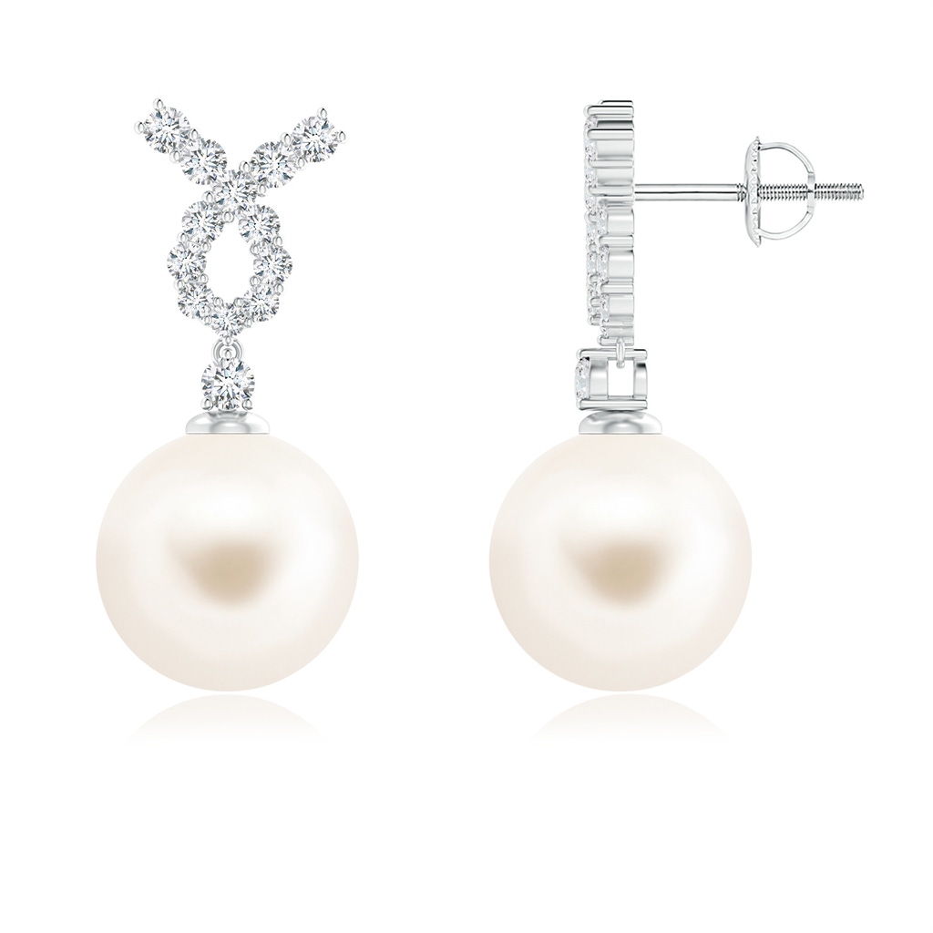 10mm AAA Freshwater Pearl Earrings with Diamond Ribbon in White Gold