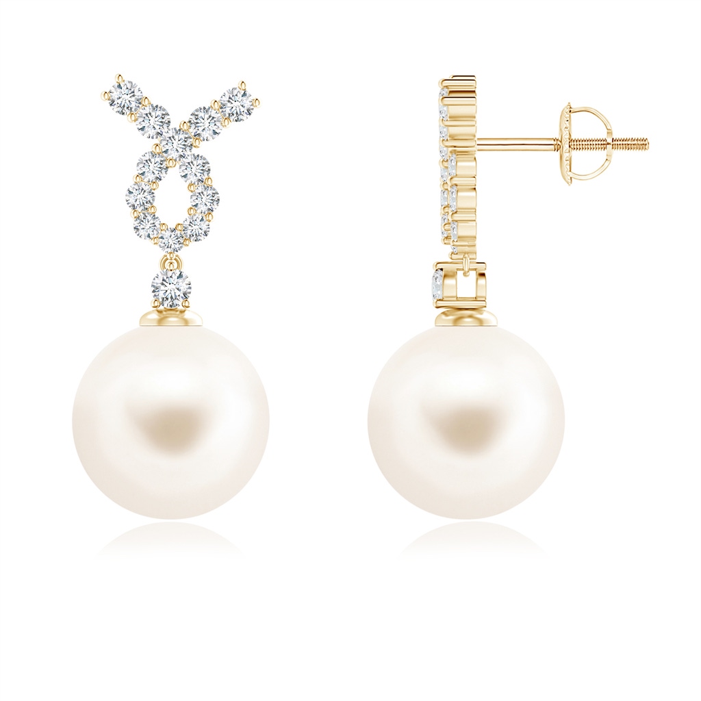 10mm AAA Freshwater Pearl Earrings with Diamond Ribbon in Yellow Gold