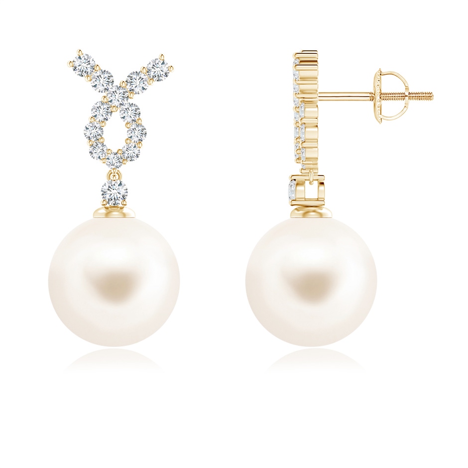 10mm AAA Freshwater Pearl Earrings with Diamond Ribbon in Yellow Gold 