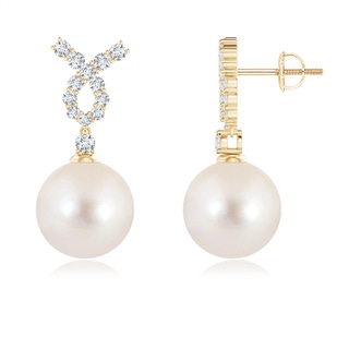 10mm AAAA Freshwater Pearl Earrings with Diamond Ribbon in Yellow Gold