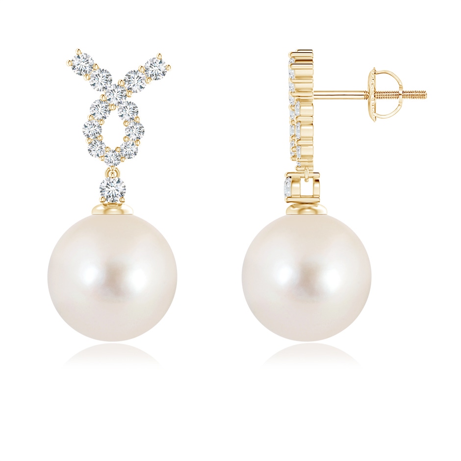 10mm AAAA Freshwater Pearl Earrings with Diamond Ribbon in Yellow Gold 