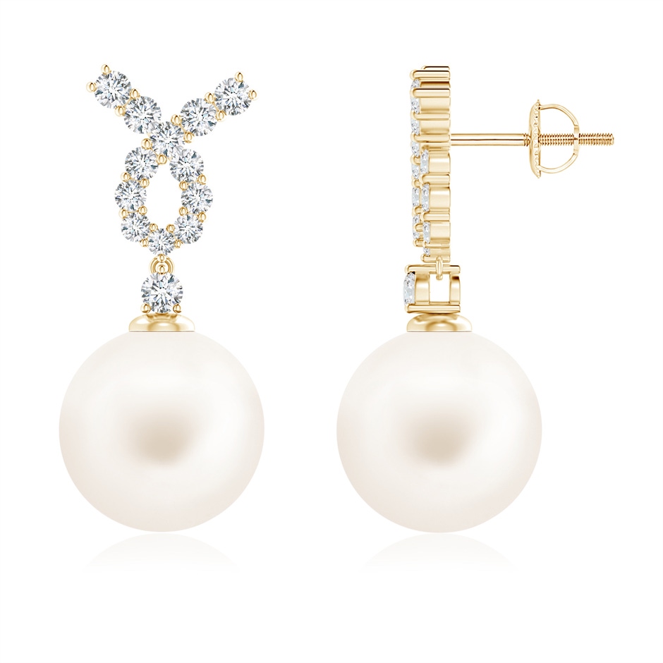 11mm AA Freshwater Pearl Earrings with Diamond Ribbon in Yellow Gold 
