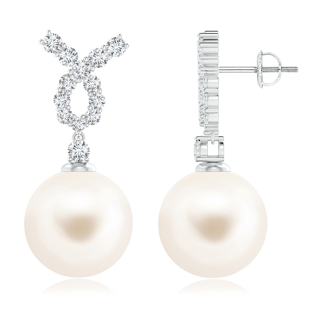 12mm AAA Freshwater Pearl Earrings with Diamond Ribbon in White Gold
