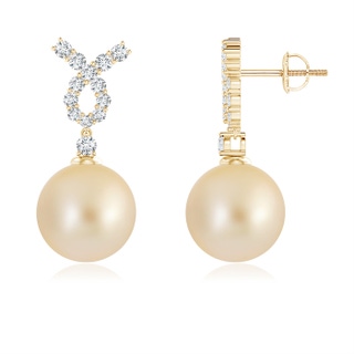 10mm AA Golden South Sea Cultured Pearl Earrings with Diamond Ribbon in Yellow Gold