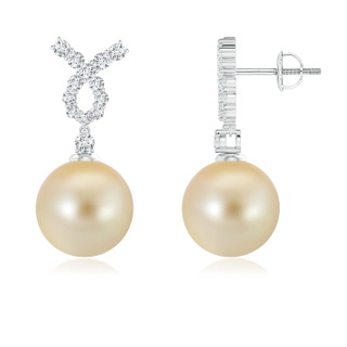 10mm AAA Golden South Sea Cultured Pearl Earrings with Diamond Ribbon in White Gold