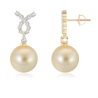 10mm AAA Golden South Sea Cultured Pearl Earrings with Diamond Ribbon in Yellow Gold