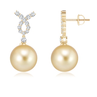 10mm AAAA Golden South Sea Cultured Pearl Earrings with Diamond Ribbon in Yellow Gold