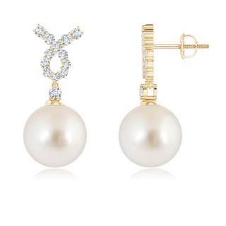 10mm AAAA South Sea Cultured Pearl Earrings with Diamond Ribbon in Yellow Gold