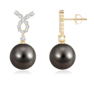 10mm AAA Tahitian Cultured Pearl Earrings with Diamond Ribbon in Yellow Gold