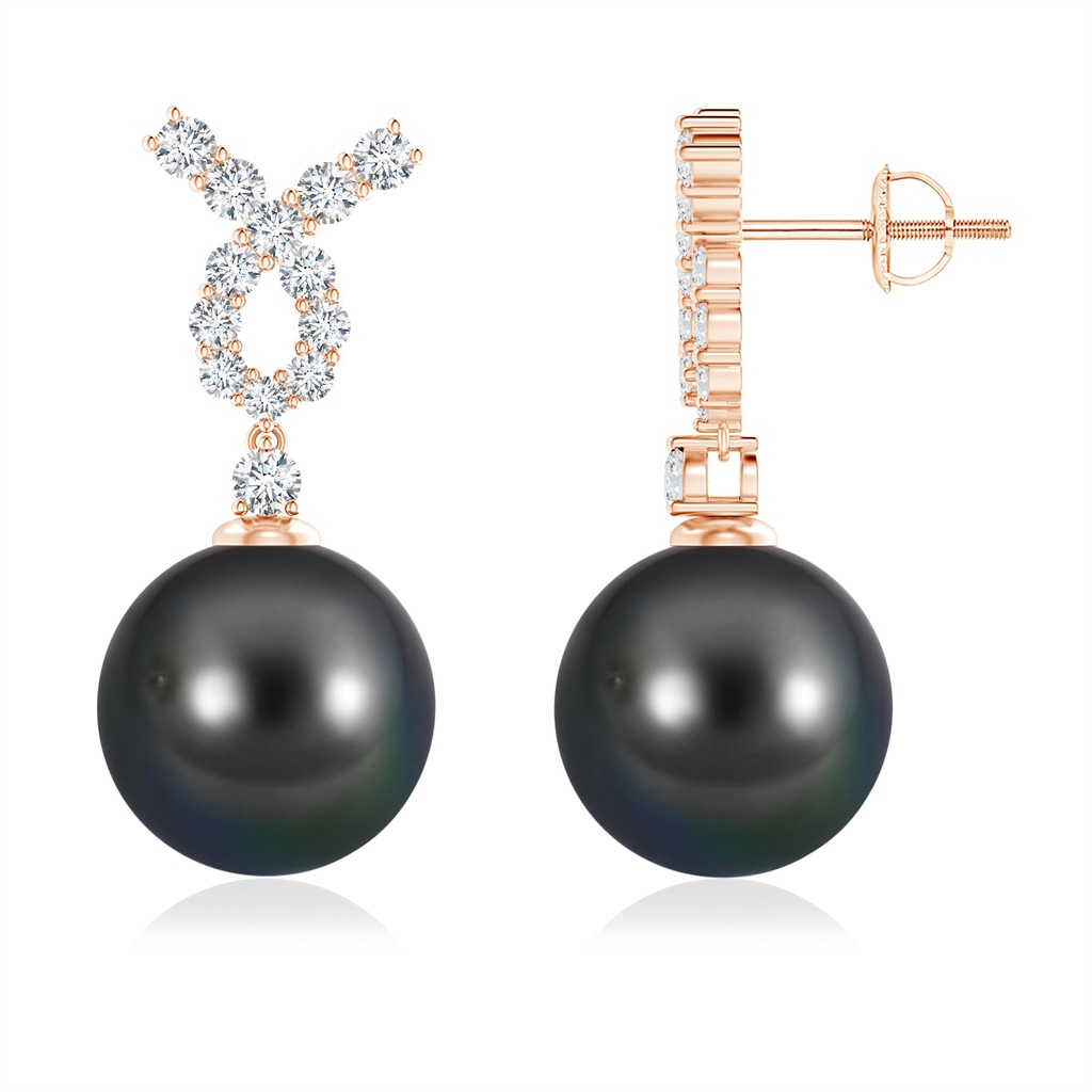 11mm AA Tahitian Cultured Pearl Earrings with Diamond Ribbon in Rose Gold