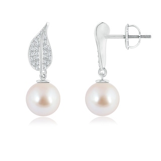 8mm AAA Akoya Cultured Pearl and Diamond Leaf Earrings in White Gold