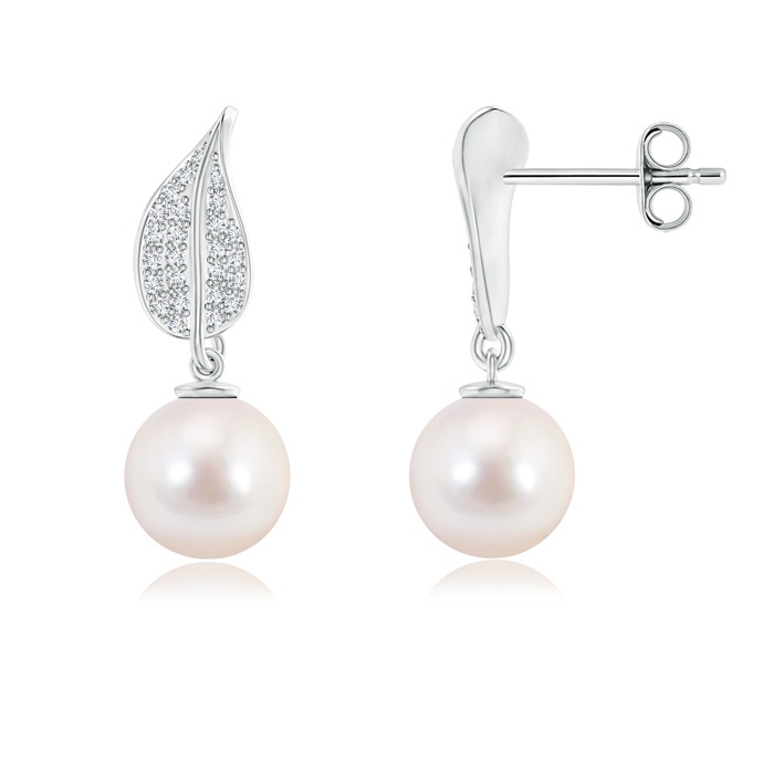 8mm AAAA Akoya Cultured Pearl and Diamond Leaf Earrings in S999 Silver