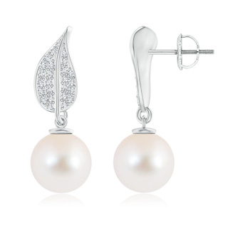 10mm AAA Freshwater Cultured Pearl and Diamond Leaf Earrings in White Gold