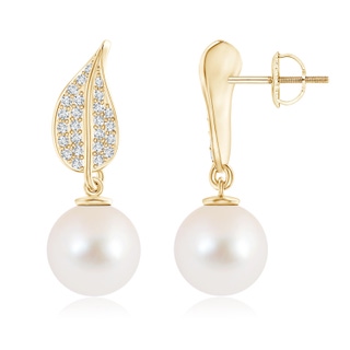 10mm AAA Freshwater Cultured Pearl and Diamond Leaf Earrings in Yellow Gold