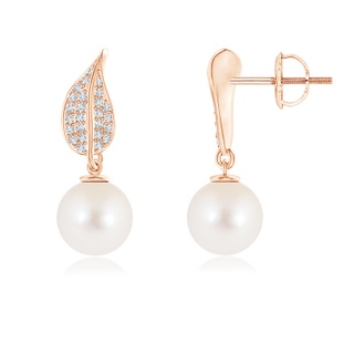 8mm AAA Freshwater Cultured Pearl and Diamond Leaf Earrings in Rose Gold