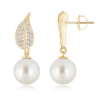 10mm AAA South Sea Cultured Pearl and Diamond Leaf Earrings in 9K Yellow Gold