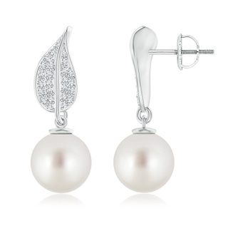 10mm AAA South Sea Cultured Pearl and Diamond Leaf Earrings in White Gold