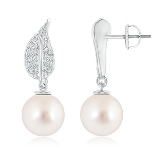 10mm AAAA South Sea Cultured Pearl and Diamond Leaf Earrings in White Gold