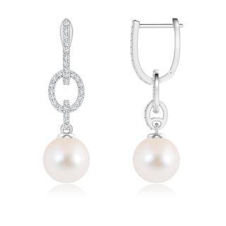 9mm AAA Freshwater Cultured Pearl Dangle Hoop Earrings with Diamonds in White Gold