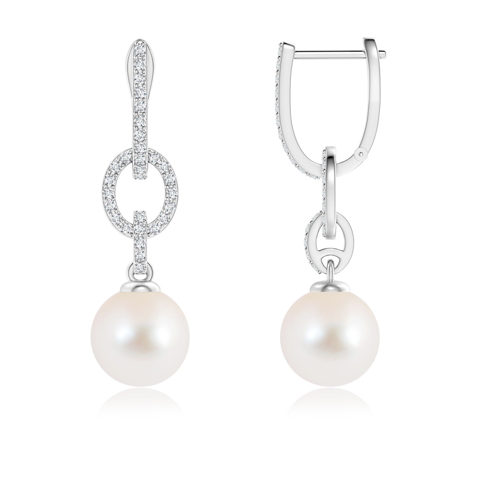 9mm AAA Freshwater Cultured Pearl Dangle Hoop Earrings with Diamonds in White Gold 