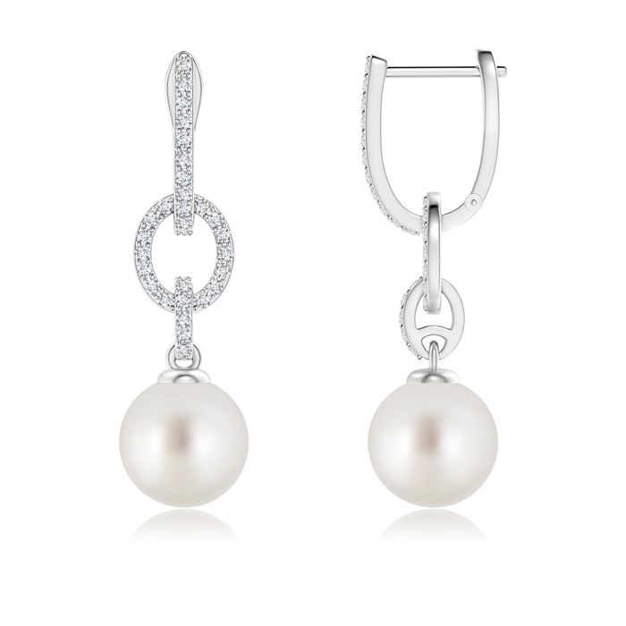 9mm AAA South Sea Cultured Pearl Dangle Hoop Earrings with Diamonds in White Gold