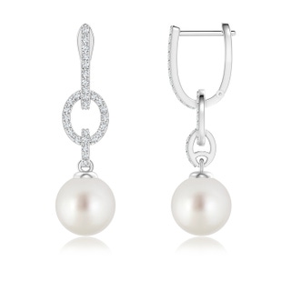 9mm AAA South Sea Cultured Pearl Dangle Hoop Earrings with Diamonds in White Gold