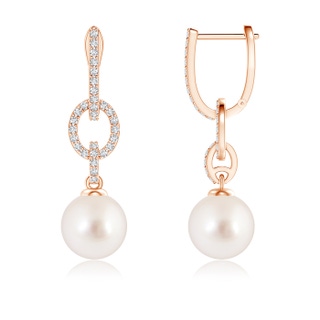 9mm AAAA South Sea Cultured Pearl Dangle Hoop Earrings with Diamonds in Rose Gold