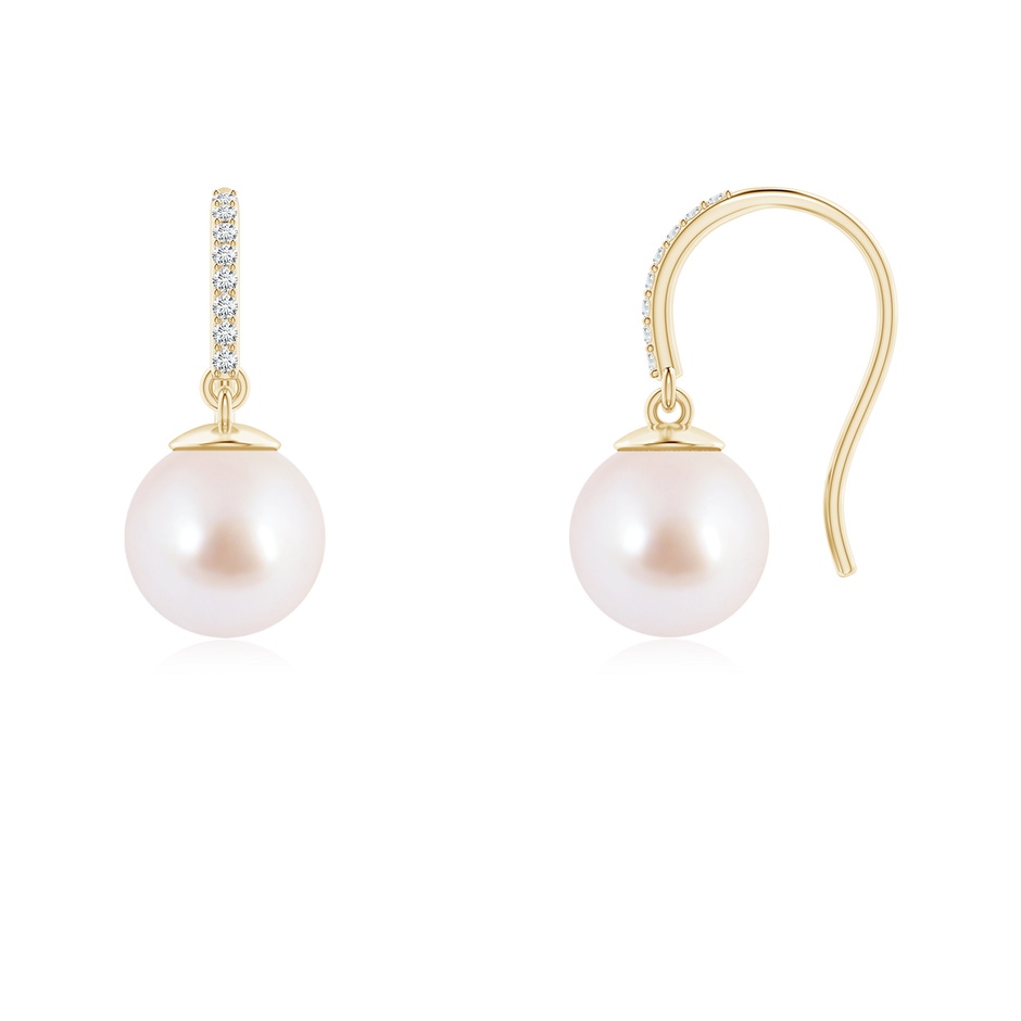 7mm AAA Classic Japanese Akoya Pearl and Diamond Drop Earrings in Yellow Gold 