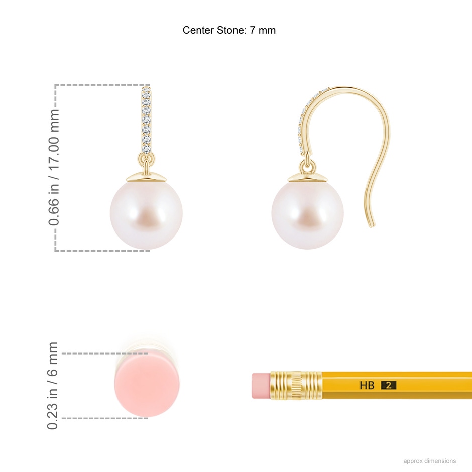 7mm AAA Classic Japanese Akoya Pearl and Diamond Drop Earrings in Yellow Gold ruler